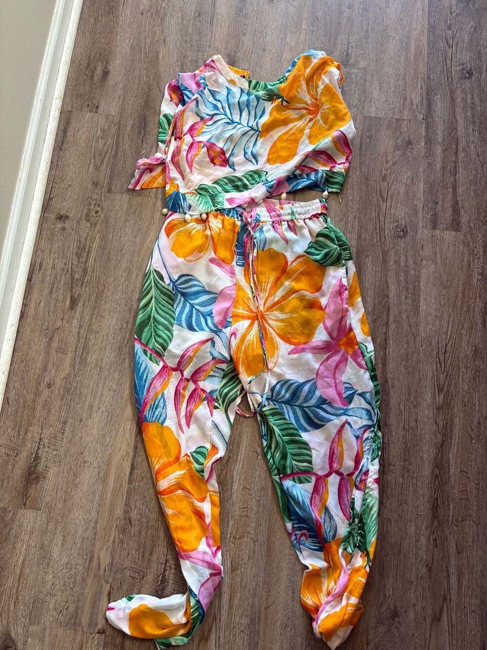Violet Sky Tropical Floral Print Two-Piece Set with Cowrie Shell Trim
